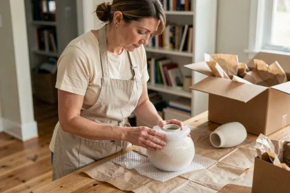 Femme emballant un vase en céramique fragile avec du papier bulle avant un déménagement