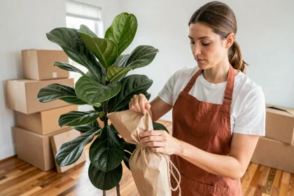 Femme emballant une plante verte dans du papier kraft avant un déménagement dans un appartement lumineux