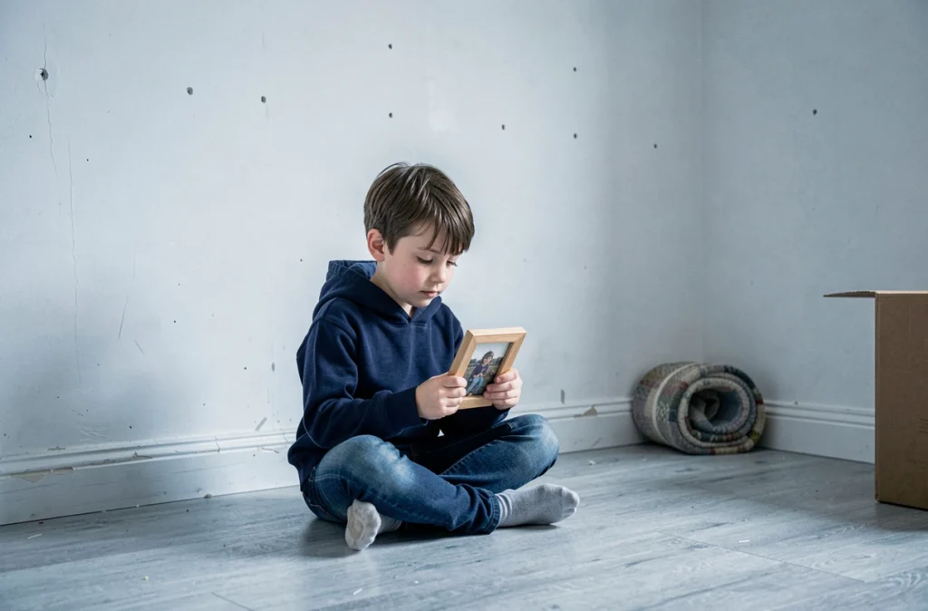 Enfant assis seul dans une chambre vide tenant une photo encadrée, symbolisant les émotions liées au déménagement et au changement de maison
