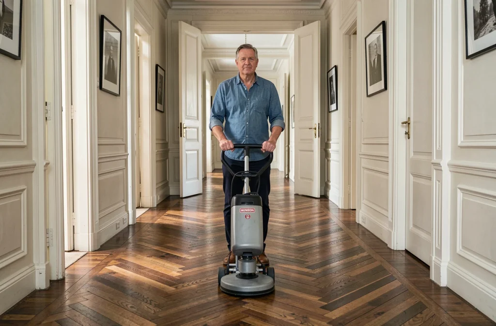 Homme entretenant un parquet en chevrons avec une polisseuse professionnelle dans un appartement haussmannien parisien