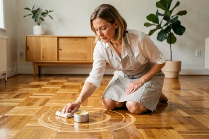 Femme entretenant un parquet en chêne avec une cire naturelle appliquée à la main dans un salon scandinave