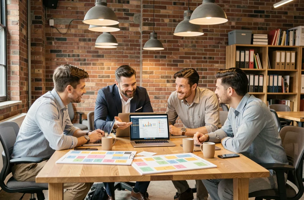 Équipe pluridisciplinaire en réunion autour d'un tableau kanban dans un espace de coworking