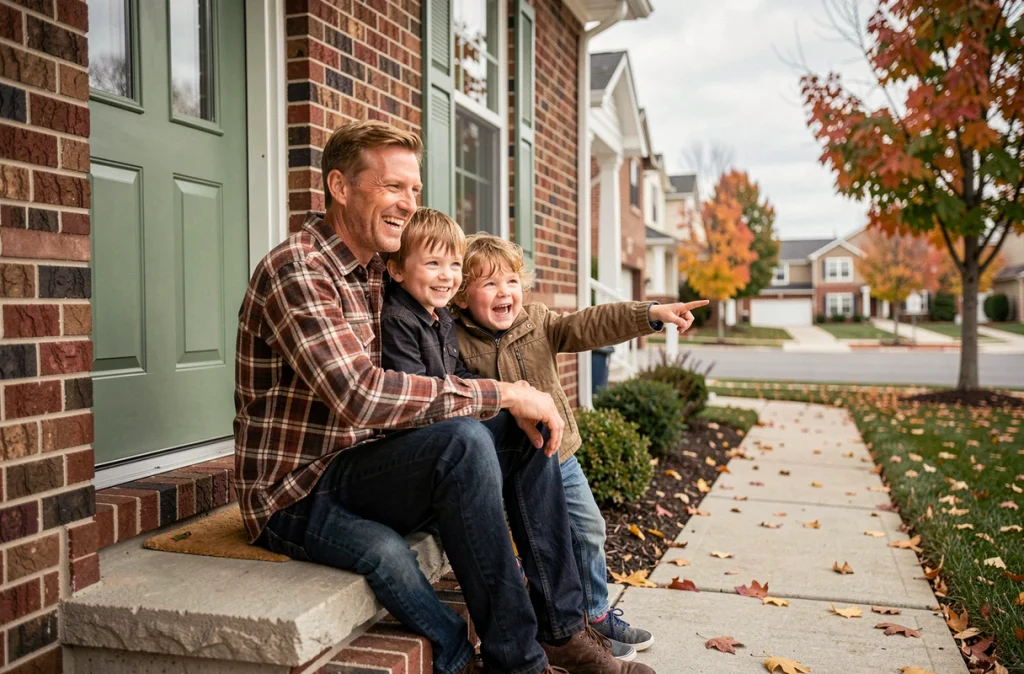 Père et deux enfants assis sur les marches de leur nouvelle maison souriants, illustrant l'adaptation positive des enfants à un nouveau foyer après un déménagement