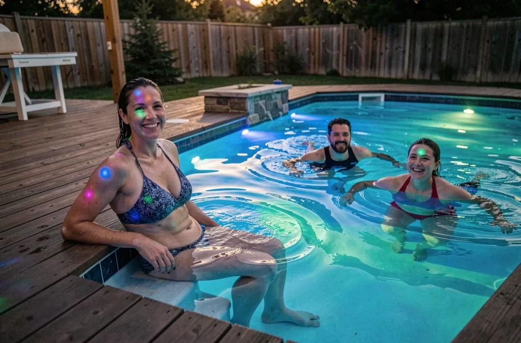 Famille profitant de la piscine le soir grâce à un éclairage LED subaquatique multicolore