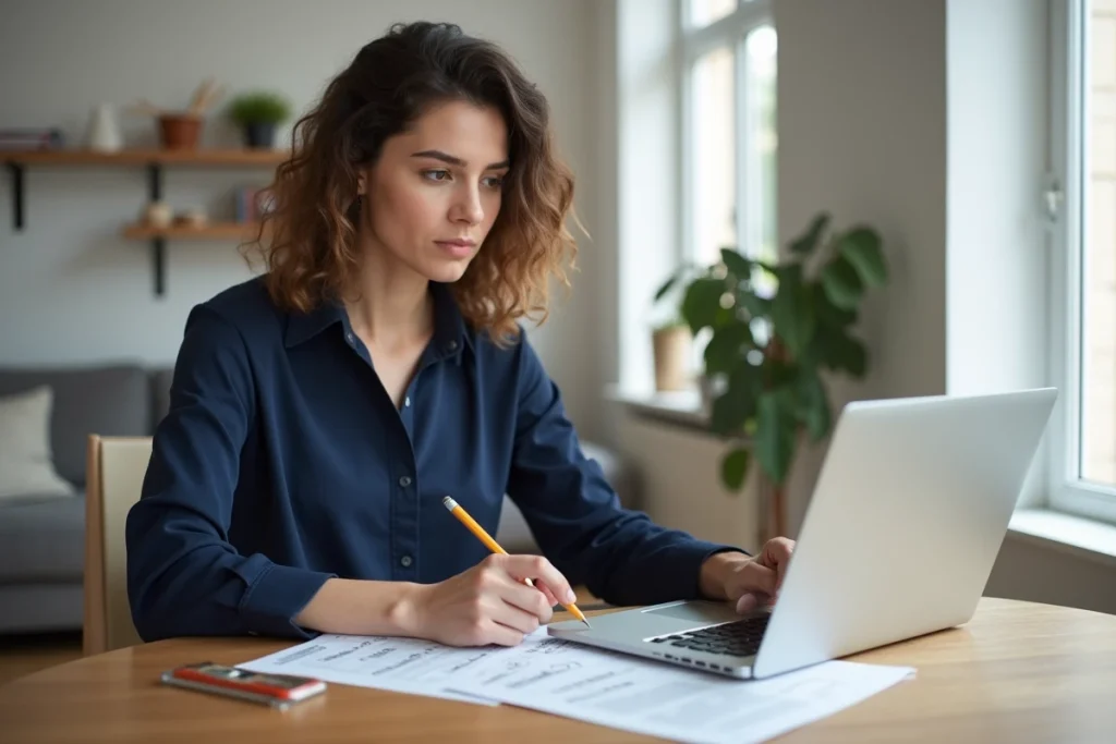 Femme comparant des devis de rénovation en ligne sur un ordinateur portable à domicile