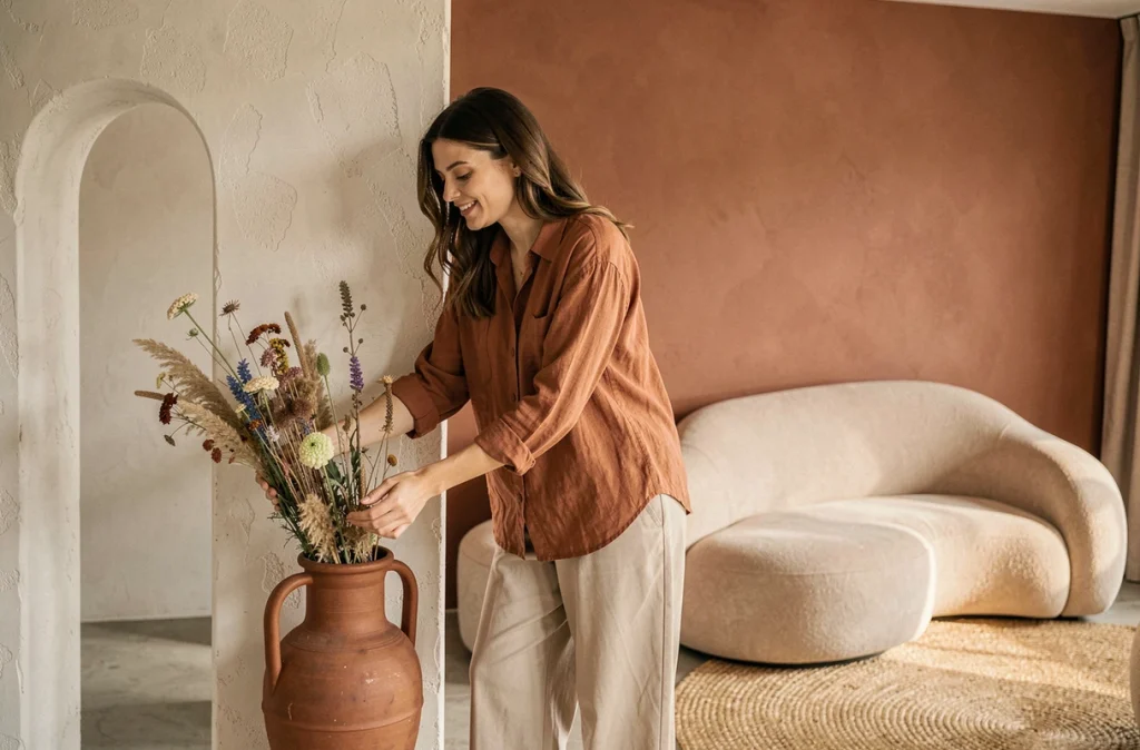 Femme arrangeant des fleurs séchées dans un vase terracotta devant un mur en plâtre dans un salon contemporain chaleureux