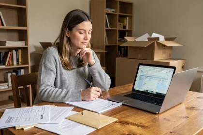Femme organisant ses démarches administratives de déménagement avec des documents et un ordinateur portable sur une table en bois