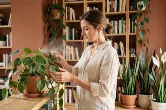 Femme entretenant une plante dépolluante pothos dans un salon moderne avec de nombreuses plantes d'intérieur sur des étagères en bois