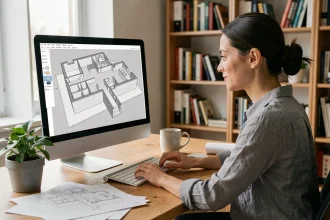 Femme utilisant un logiciel d'architecture 3D gratuit sur ordinateur de bureau pour concevoir un plan de maison