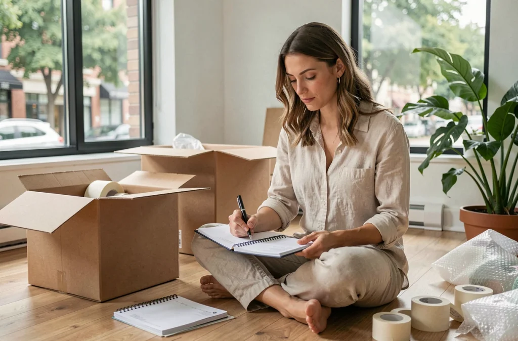 Femme organisant son déménagement en écrivant dans un agenda posé sur le parquet