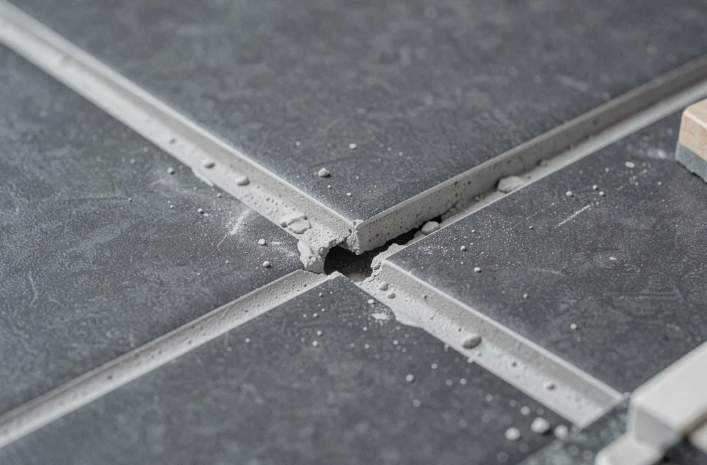 Gros plan sur un défaut de joint et d'angle dans une pose de carrelage chevron en porcelaine anthracite