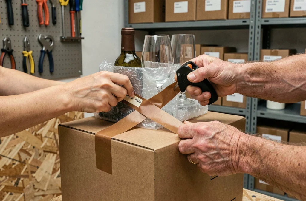 Gros plan de mains emballant des verres fragiles dans du papier bulle pour un déménagement