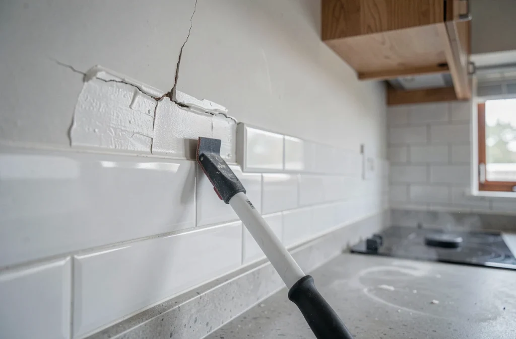 Gros plan d'une fissure au plafond d'une cuisine domestique réparée avec de l'enduit, avec un outil à manche long posé en dessous, sans échelle visible