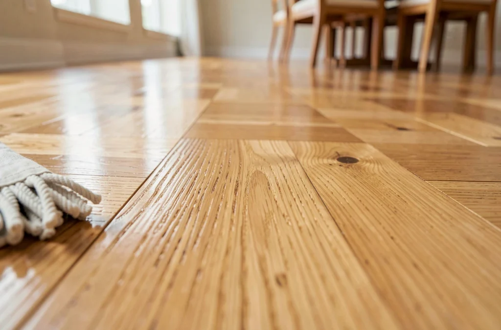 Gros plan sur le grain d'un parquet en chêne blond fraîchement entretenu avec une finition huile protectrice