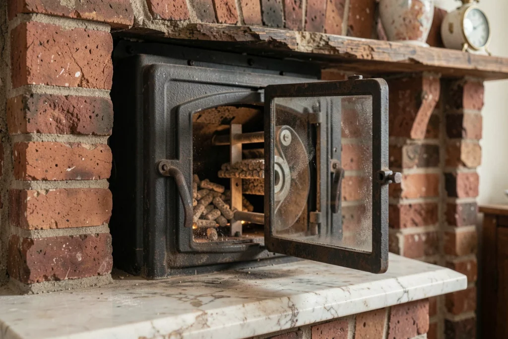 Gros plan sur la porte et le mécanisme d'un insert à granulés installé dans une cheminée en briques anciennes