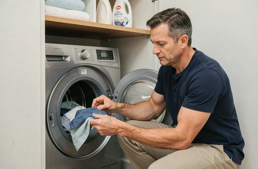 Homme chargeant du linge dans un lave-linge à hublot en comptant les vêtements pour ne pas dépasser la capacité maximale
