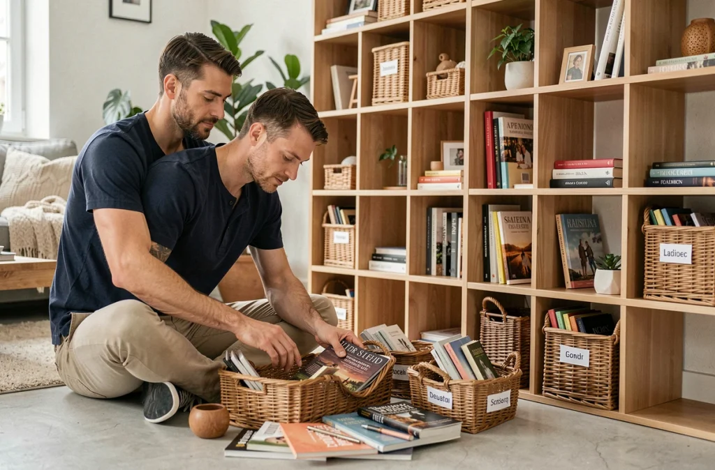 Homme triant des livres et objets dans des paniers en osier devant une étagère modulaire dans un salon scandinave