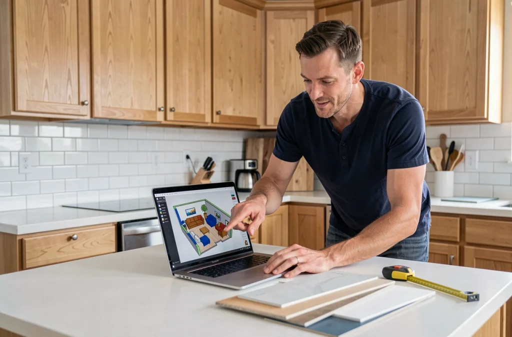 Homme consultant un logiciel de modélisation 3D gratuit sur laptop pour planifier la rénovation de sa cuisine