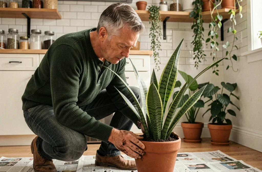 Homme rempotant un sansevieria dépolluant sur le sol de sa cuisine entourée de plantes vertes et d'herbes aromatiques suspendues