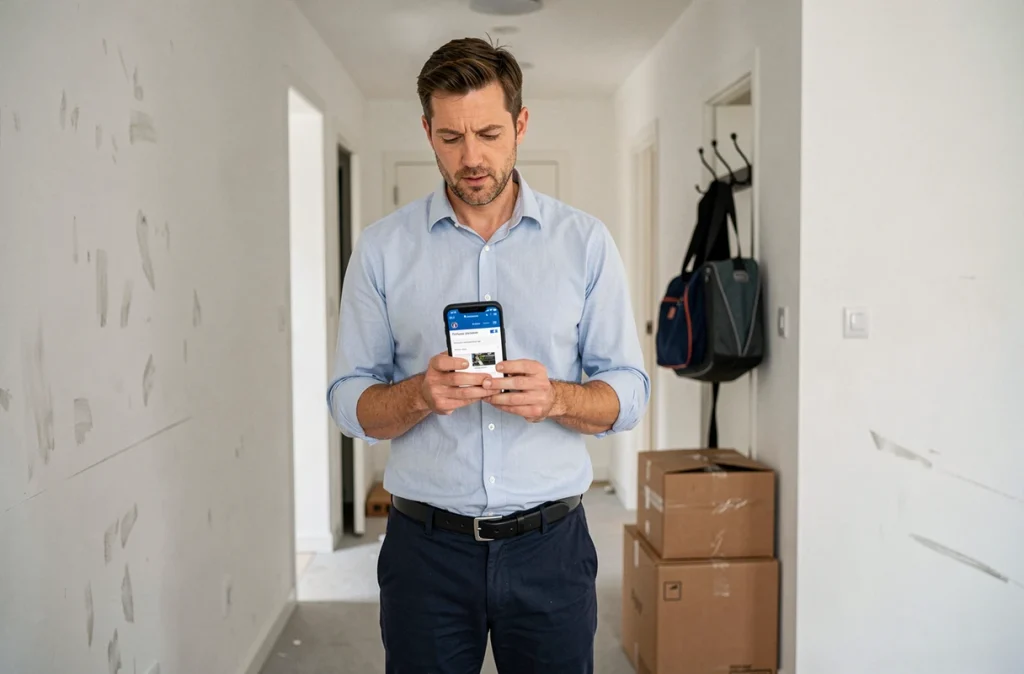 Homme consultant un site administratif sur son smartphone dans un couloir d'appartement vide lors d'un déménagement