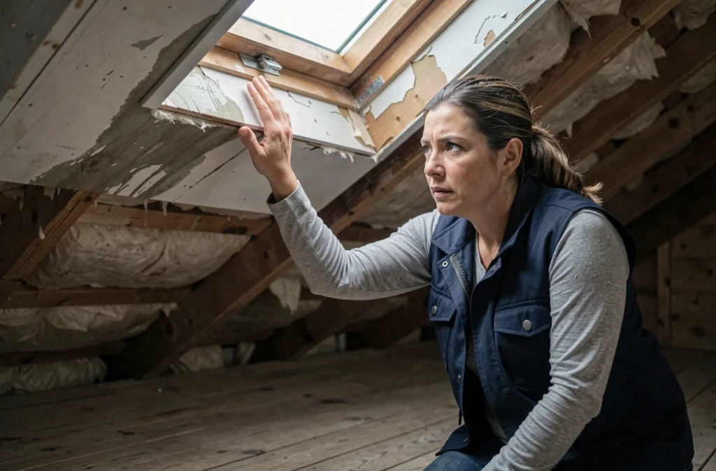 Femme inspectant des traces d'humidité sous une fenêtre de toit mal posée dans un grenier