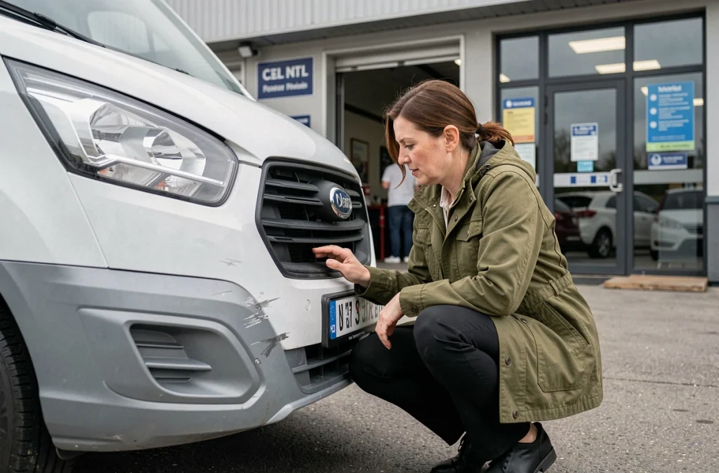 Femme inspectant la carrosserie d'un utilitaire avant la signature du contrat de location