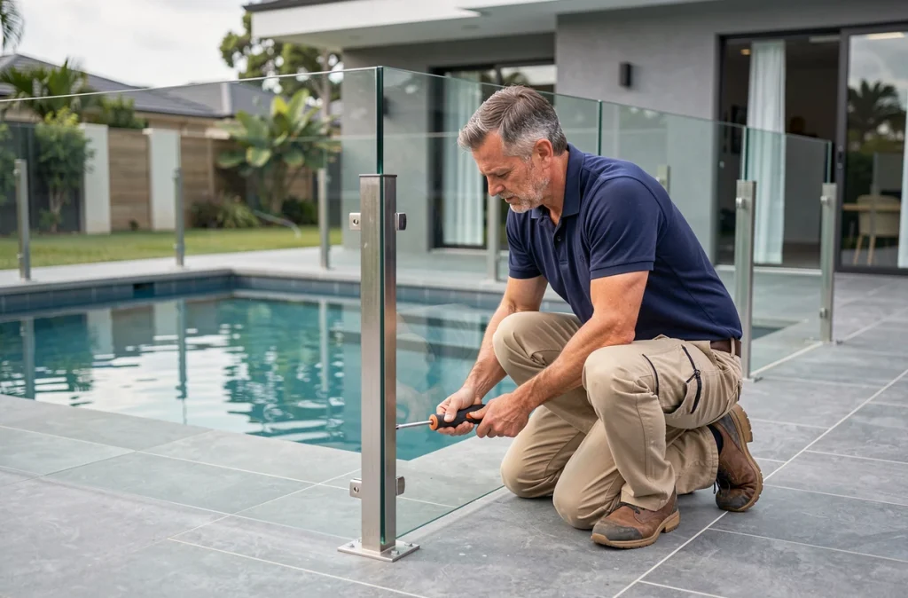 Homme installant une barrière en verre autour d'une piscine sur une terrasse moderne