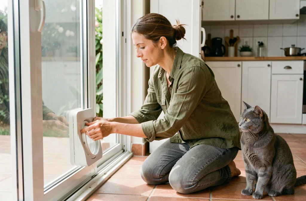 Femme installant une chatière amovible sans perçage sur une porte-fenêtre dans une cuisine de logement locatif avec son chat gris
