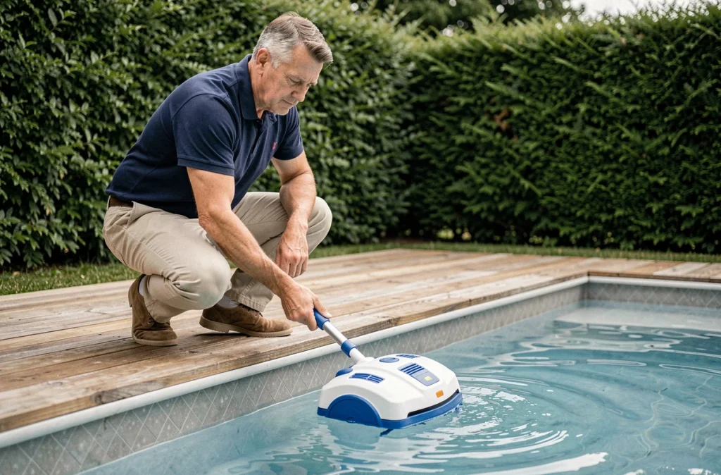 Homme adulte installant un robot de piscine automatique dans une piscine enterrée entourée d'une terrasse en bois et de haies vertes