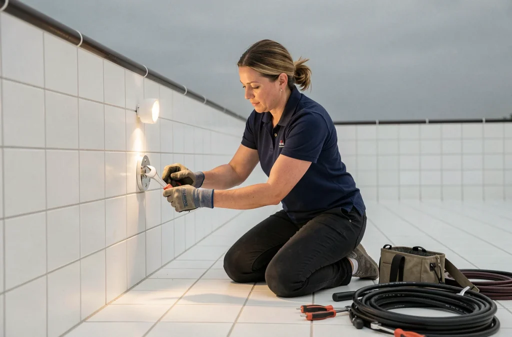 Technicienne installant un spot LED subaquatique dans la paroi carrelée d'une piscine vide