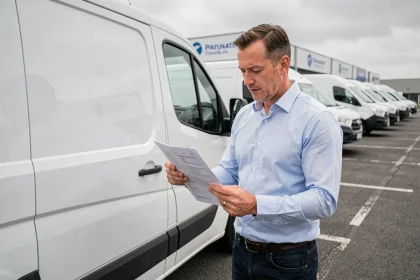 Homme lisant un contrat de location de véhicule utilitaire dans un parking d'agence de location