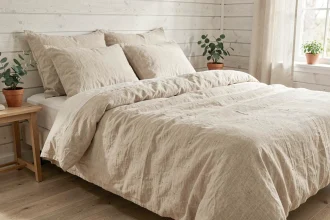Lit fait avec du linge de lit en lin naturel écru dans une chambre de style scandinave aux murs blancs