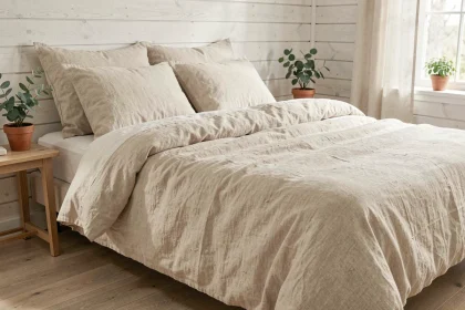 Lit fait avec du linge de lit en lin naturel écru dans une chambre de style scandinave aux murs blancs