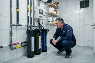 Local technique de piscine bien organisé avec pompe, filtre et tableau de commande, inspecté par un technicien professionnel