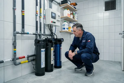Local technique de piscine bien organisé avec pompe, filtre et tableau de commande, inspecté par un technicien professionnel