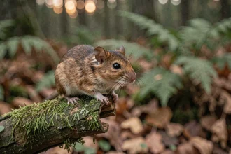 Loir commun perché sur une branche moussue en forêt européenne, portrait animalier réaliste montrant ses grands yeux noirs et sa fourrure châtaigne