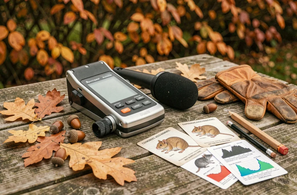 Matériel d'enregistrement sonore professionnel posé sur une table en bois en plein air, entouré de glands, feuilles et fiches d'identification du loir avec sonogrammes
