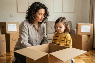 Mère et fille en train d'examiner des cartons de déménagement dans un salon à moitié vidé, illustrant la préparation des enfants au changement de maison