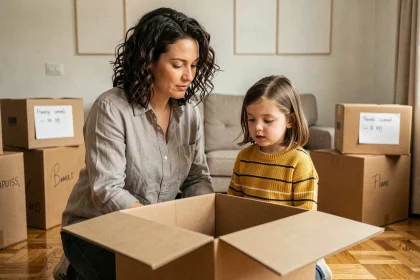 Mère et fille en train d'examiner des cartons de déménagement dans un salon à moitié vidé, illustrant la préparation des enfants au changement de maison