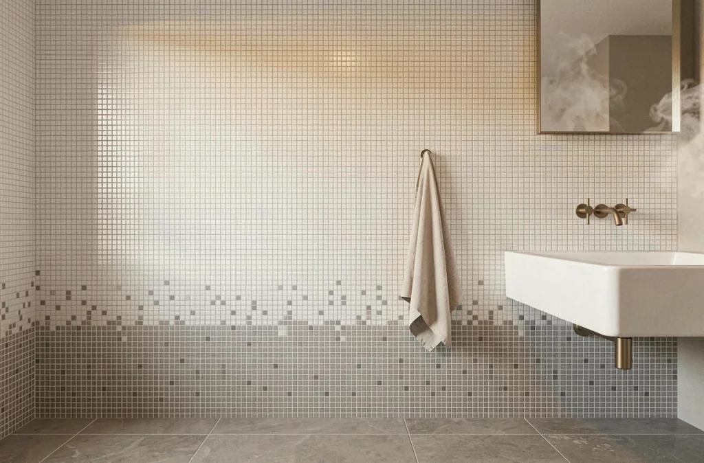 Mur de salle de bain recouvert de mosaïque blanche et grise avec vasque et robinetterie en laiton brossé