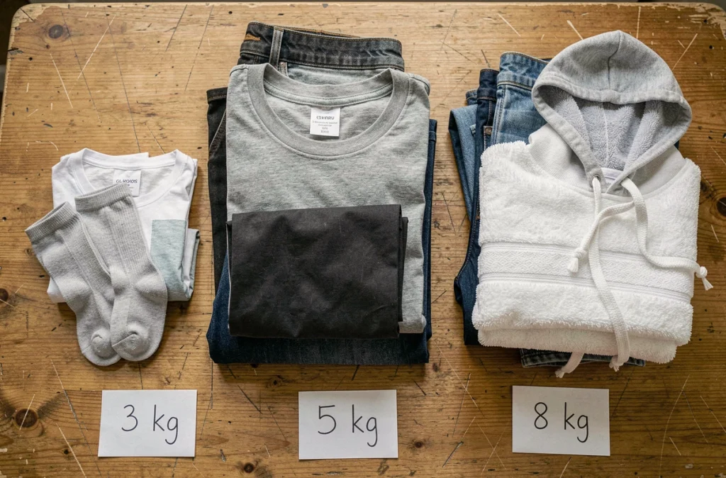 Trois piles de linge triées sur une table en bois avec des étiquettes indiquant 3 kg, 5 kg et 8 kg pour estimer la capacité de lavage