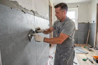 Carreleur professionnel posant un grand carrelage en grès cérame sur un mur de salle de bain en rénovation