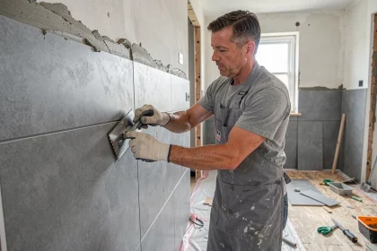 Carreleur professionnel posant un grand carrelage en grès cérame sur un mur de salle de bain en rénovation