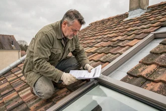 Artisan posant une fenêtre de toit sur une maison en consultant les instructions, avec un désalignement visible du cadre