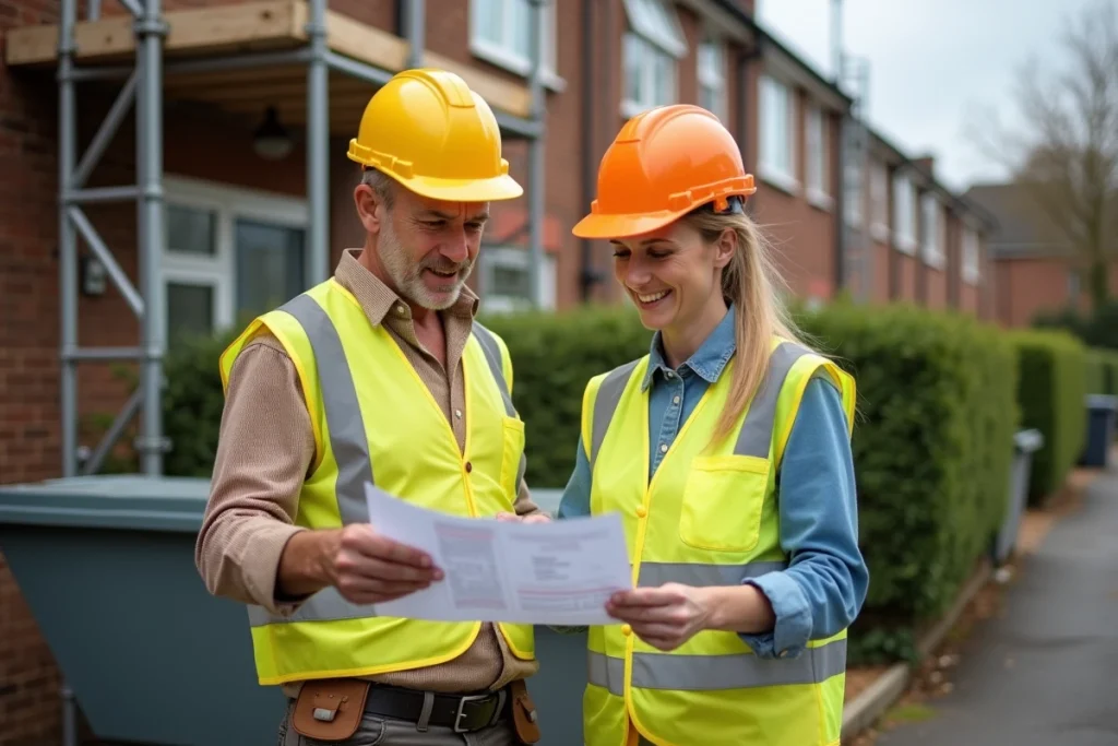 Deux professionnels du bâtiment examinant un devis de rénovation devant une maison en chantier