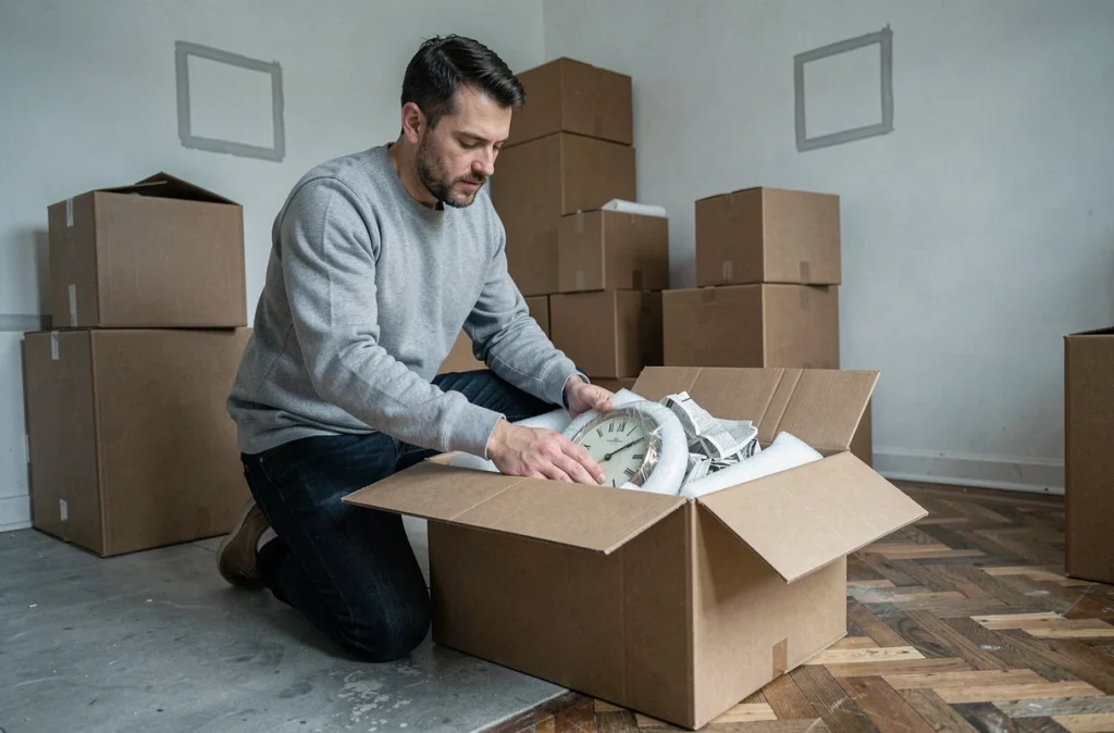 Homme protégeant une horloge ancienne dans un carton avec du papier journal et de la mousse