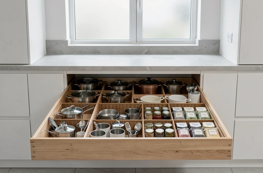Tiroirs de cuisine ouverts révélant un rangement organisé de casseroles, couvercles et épices dans une cuisine moderne minimaliste