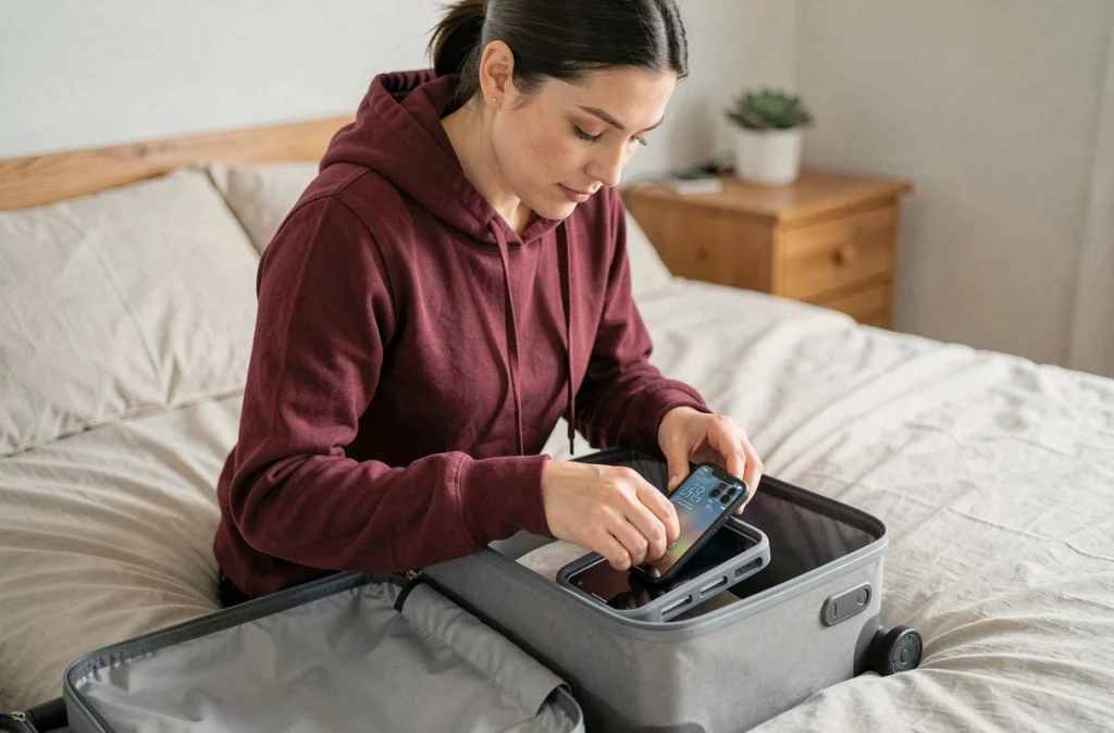 Femme rangeant un smartphone dans une coque rigide à l'intérieur d'une valise avant un voyage, sécurisation des appareils électroniques