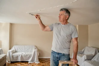Un homme d'âge mûr debout sur un marchepied en bois répare une fissure au plafond avec un couteau à enduire à long manche dans un salon domestique