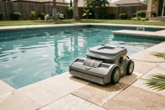 Robot aspirateur de piscine posé au bord d'une piscine rectangulaire extérieure avec eau turquoise et carrelage en grès beige